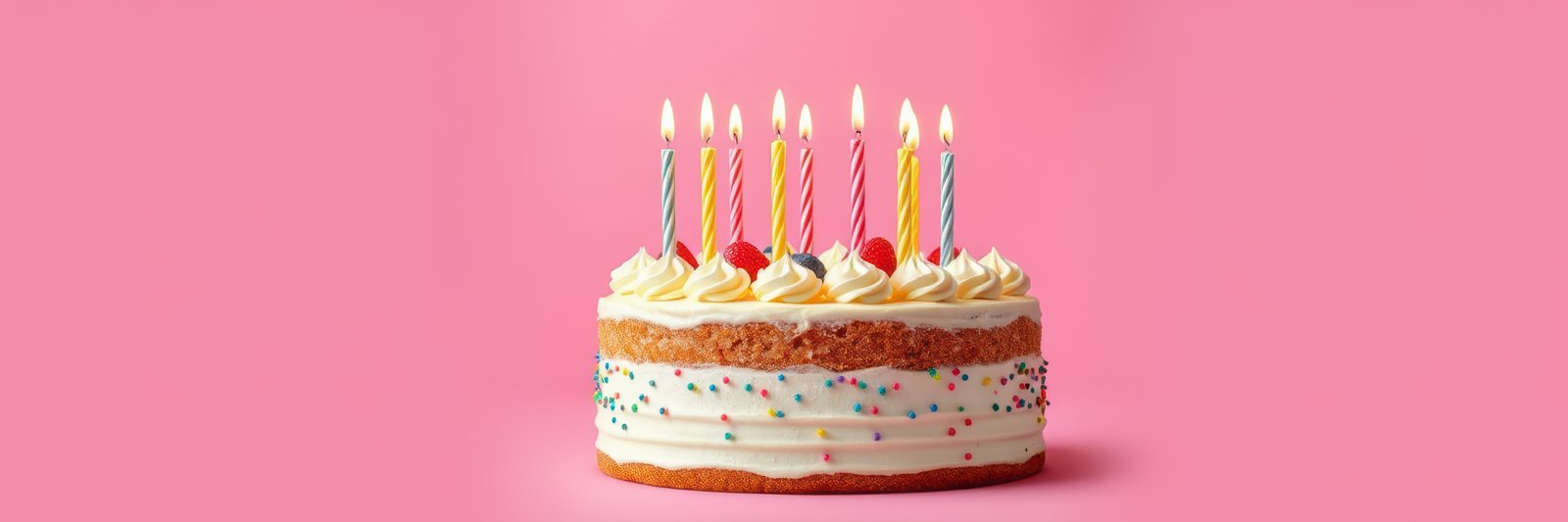 Colorful birthday cake with candles and sprinkles on a pink background